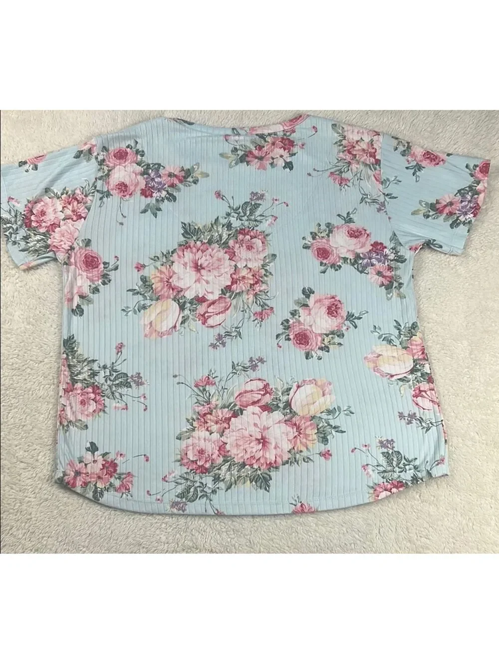Flora Nikrooz Blue Floral Ribbed 2 Piece Pajama Set SZ Med Soft Lounge Sleepwear